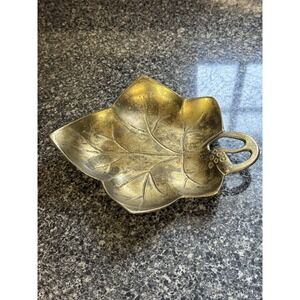 Vintage MCM Solid Brass Grape Leaf Dish TABLETOP Bowl Trinket Tray Decor